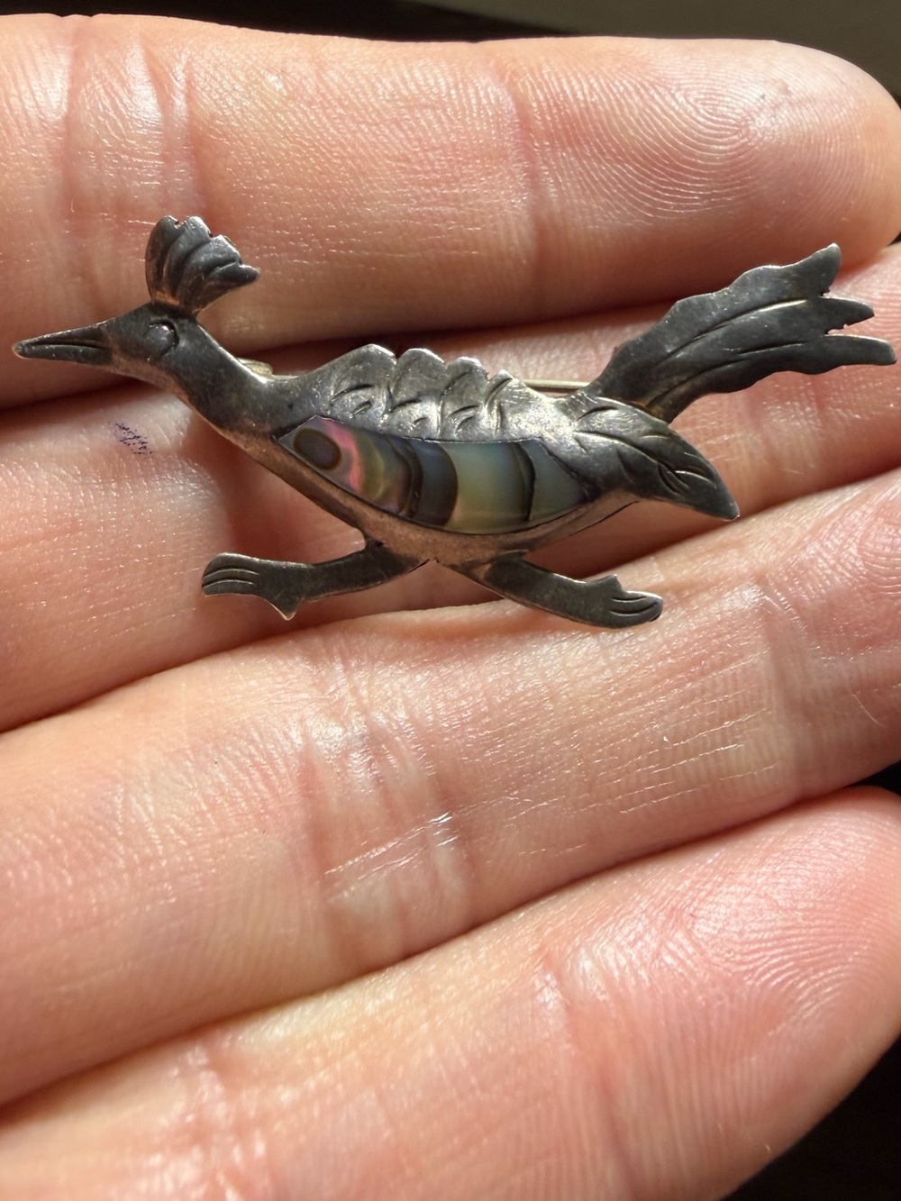 Vintage 925 Sterling Silver Abalone Roadrunner Brooch